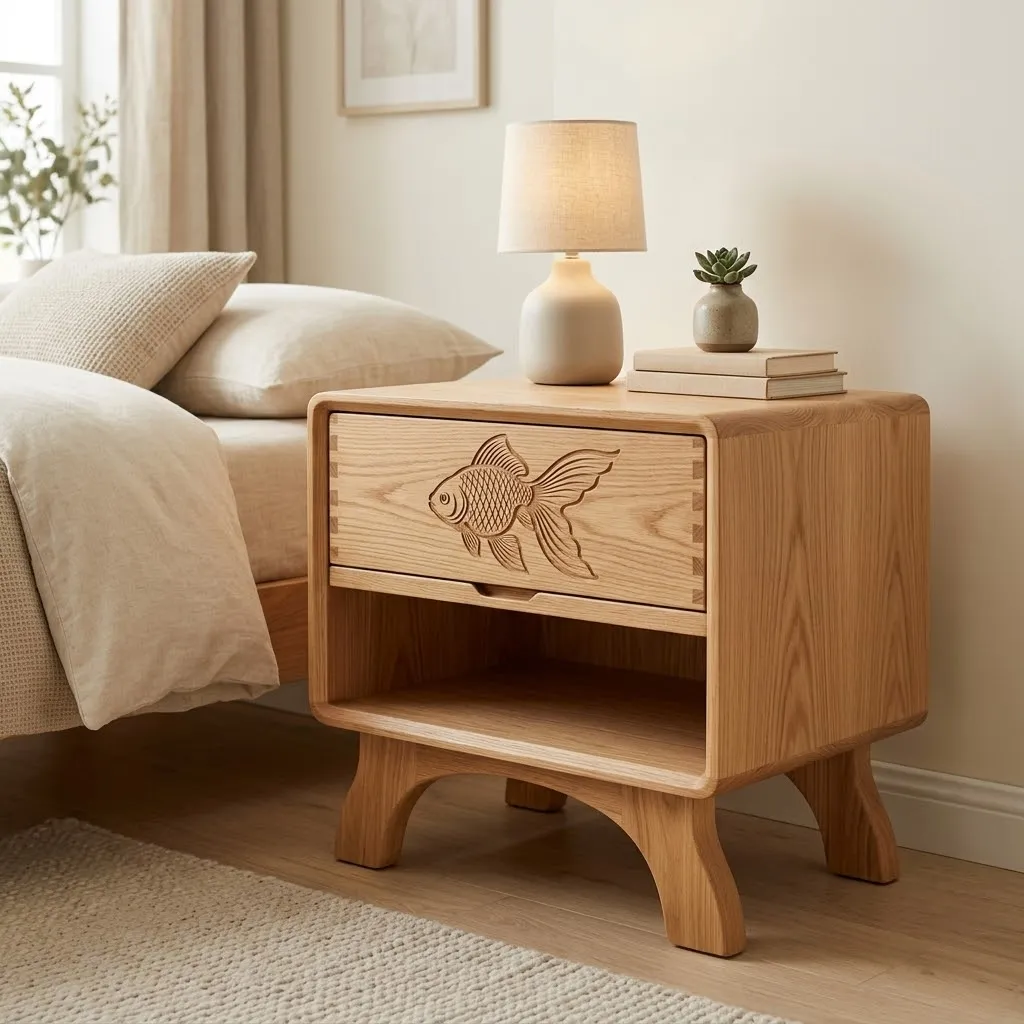 Wooden Nightstand Golden Fish Home Decor