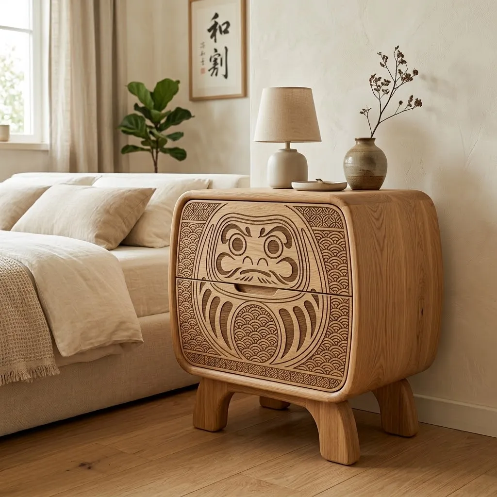 Wooden Nightstand Daruma Doll Home Decor